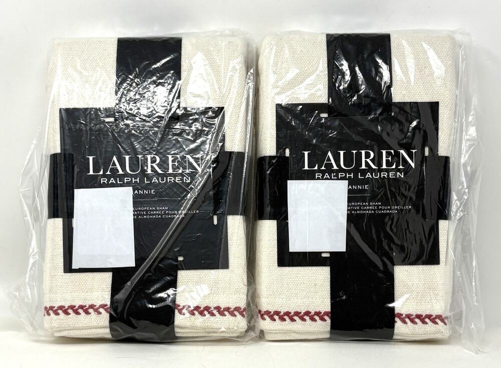 Ralph Lauren Annie Leaf Stitch Red Euro Shams Set of 2 Cream Natural Red NWT